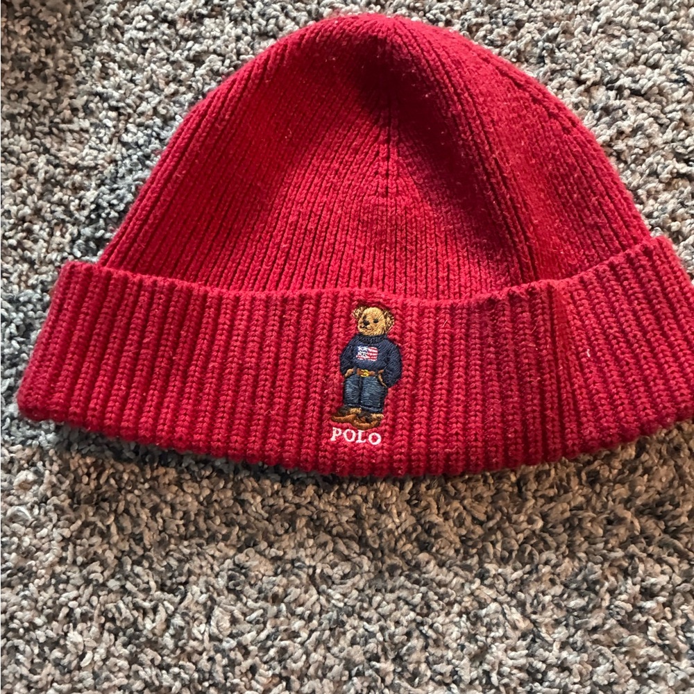 Ralph Lauren Adult Red Beanie with Bear